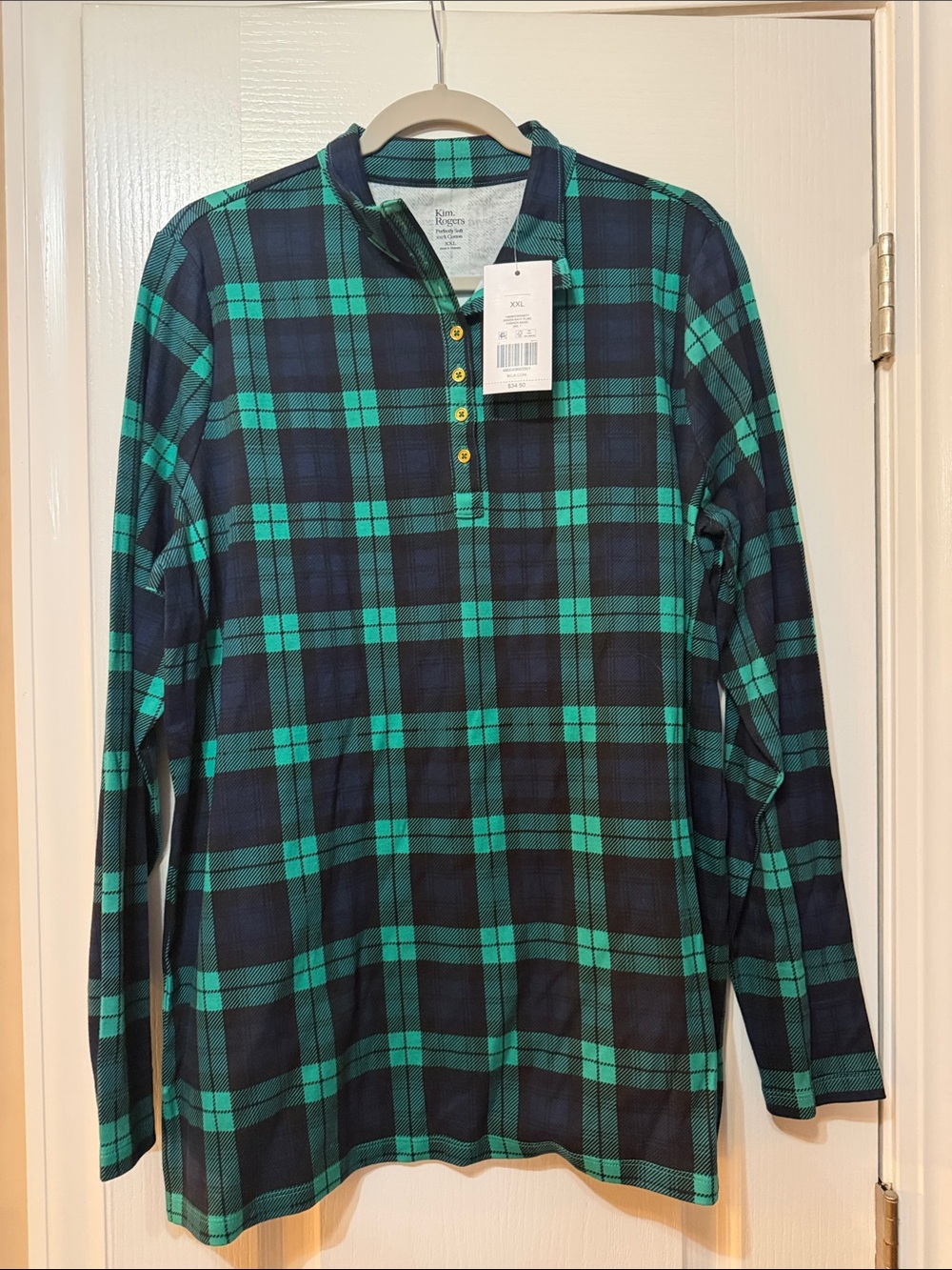 Kim Rogers Navy and Green Plaid Henley Sweatshirt